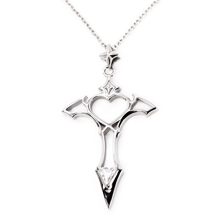 Lilith Necklace in polished stainless steel featuring a celestial gothic heart design with star details and crystal accent pendant on silver chain.